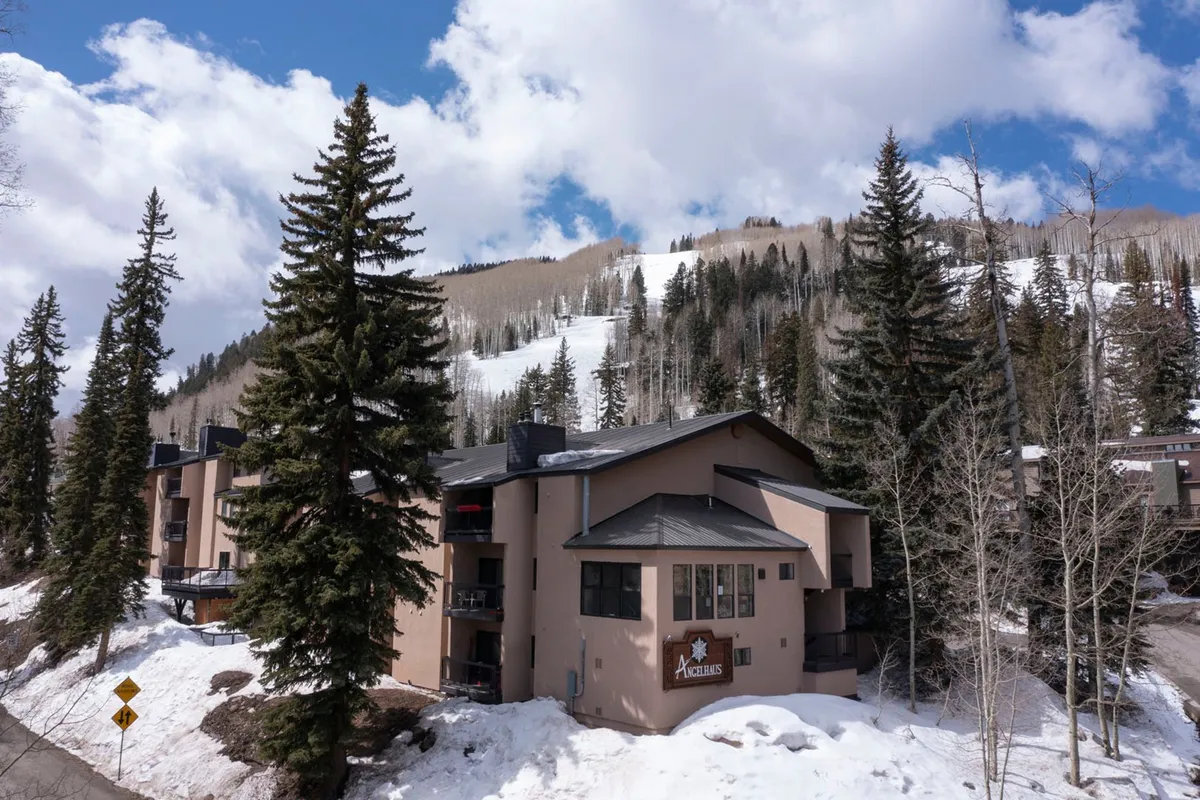 An inviting exterior view showcases a snow-dusted building nestled among towering pine trees, with a breathtaking mountain backdrop. The tranquil scene hints at the ease of stepping outside into the alpine landscape, with ski terrain just moments away.